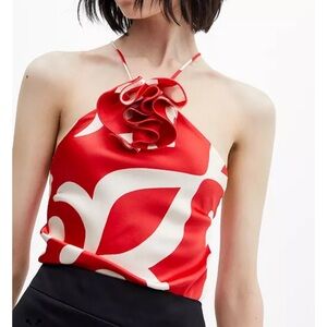 NWT Mango Decorative 3D Flower Print Satin Top Red White Halter Going Out XS